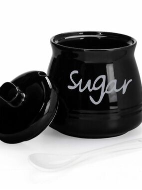 Swetwiny 12oz Black Porcelain Sugar Bowl with Lid – Ceramic Kitchen Storage Con